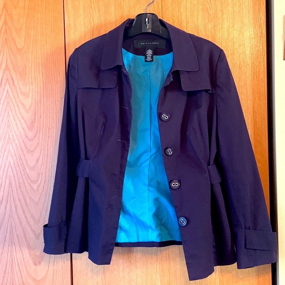 Apostrophe cotton poplin stretch navy blue LINED short trench barn jacket EUC